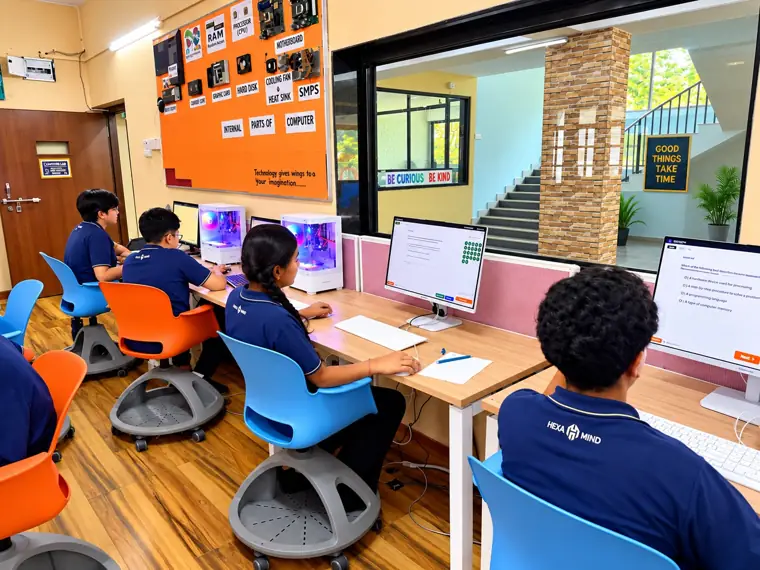 Students at computers in the school computer lab at DPS Chhindwara