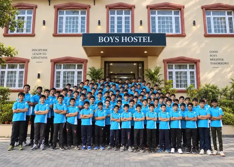 Boarders in front of the DPS Chhindwara boys hostel