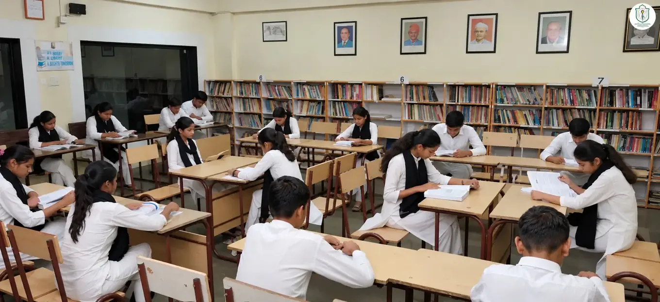 Students reading in the school library at DPS Chhindwara