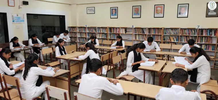 Students reading in the school library at DPS Chhindwara