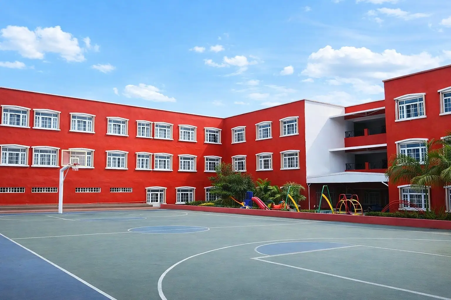 The DPS Chhindwara school building and basketball court