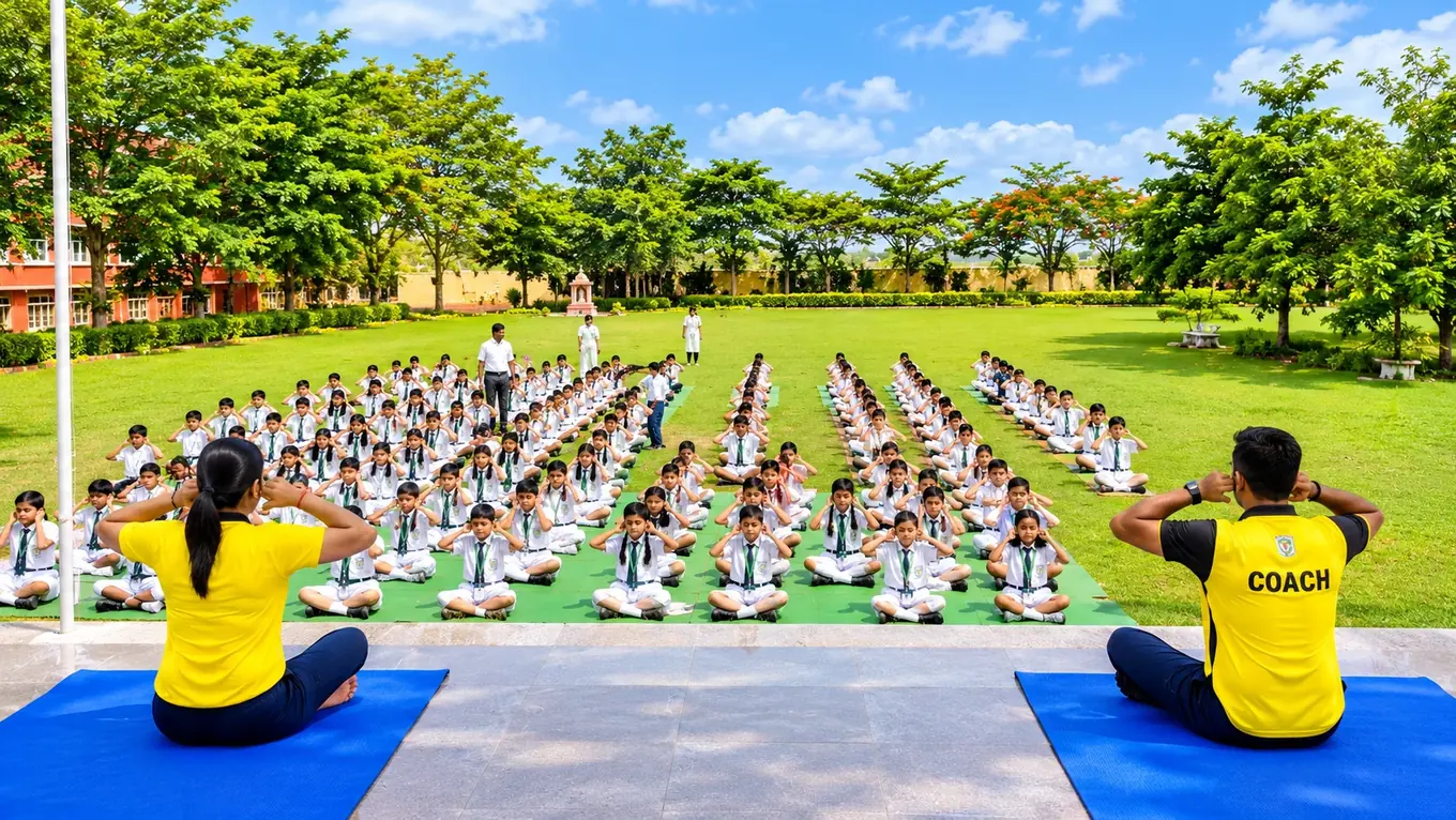 Students and coaches at a wellness yoga assembly on the campus of Delhi Public School Chhindwara